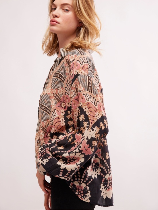 Free People Tops - Free People Virgo Baby Floral Boho Oversized Button Up Shirt Black Multi Medium